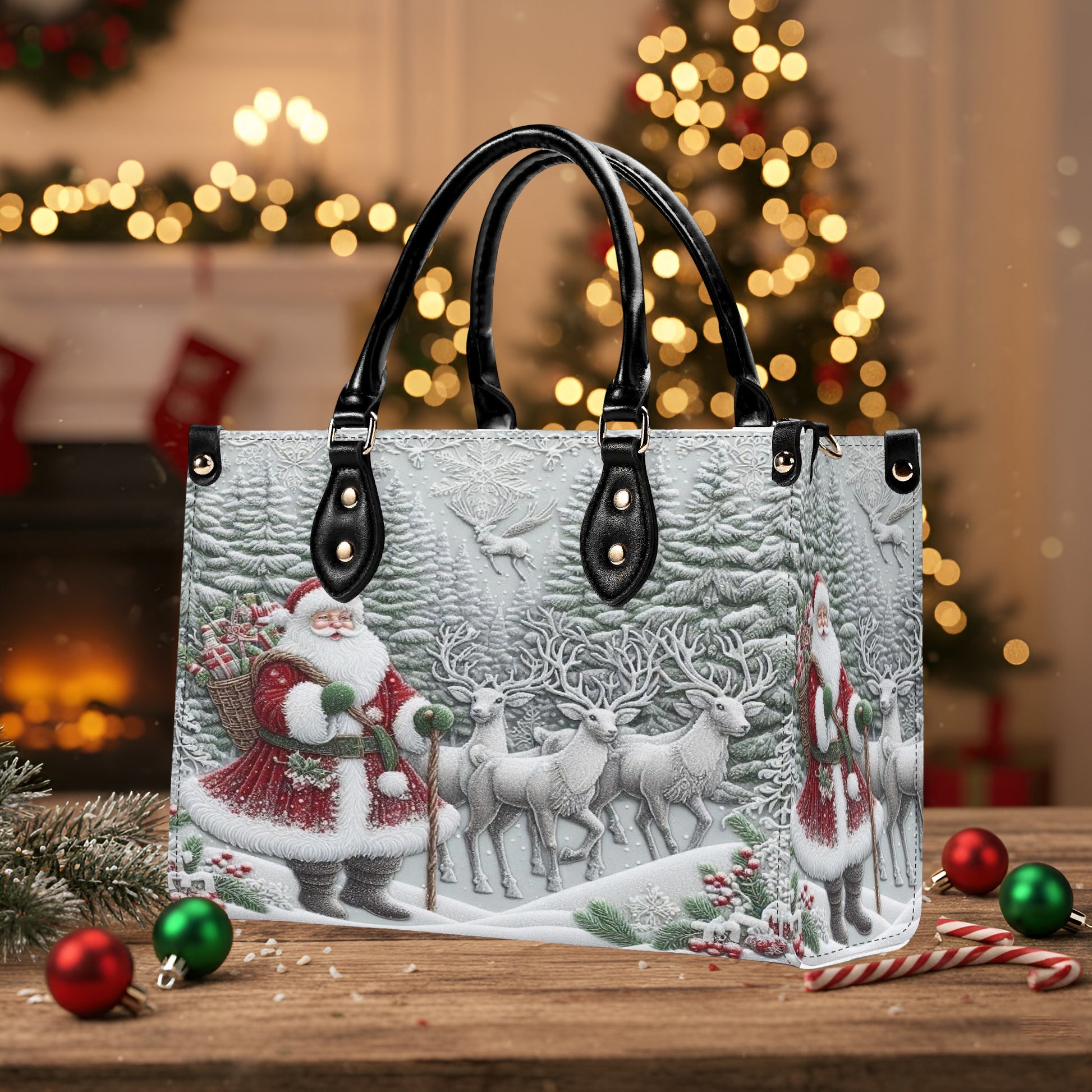 Santa Sleigh Christmas Handbag, Winter Forest Reindeer Purse, Elegant Holiday Tote Bag, Christmas Gift for Women