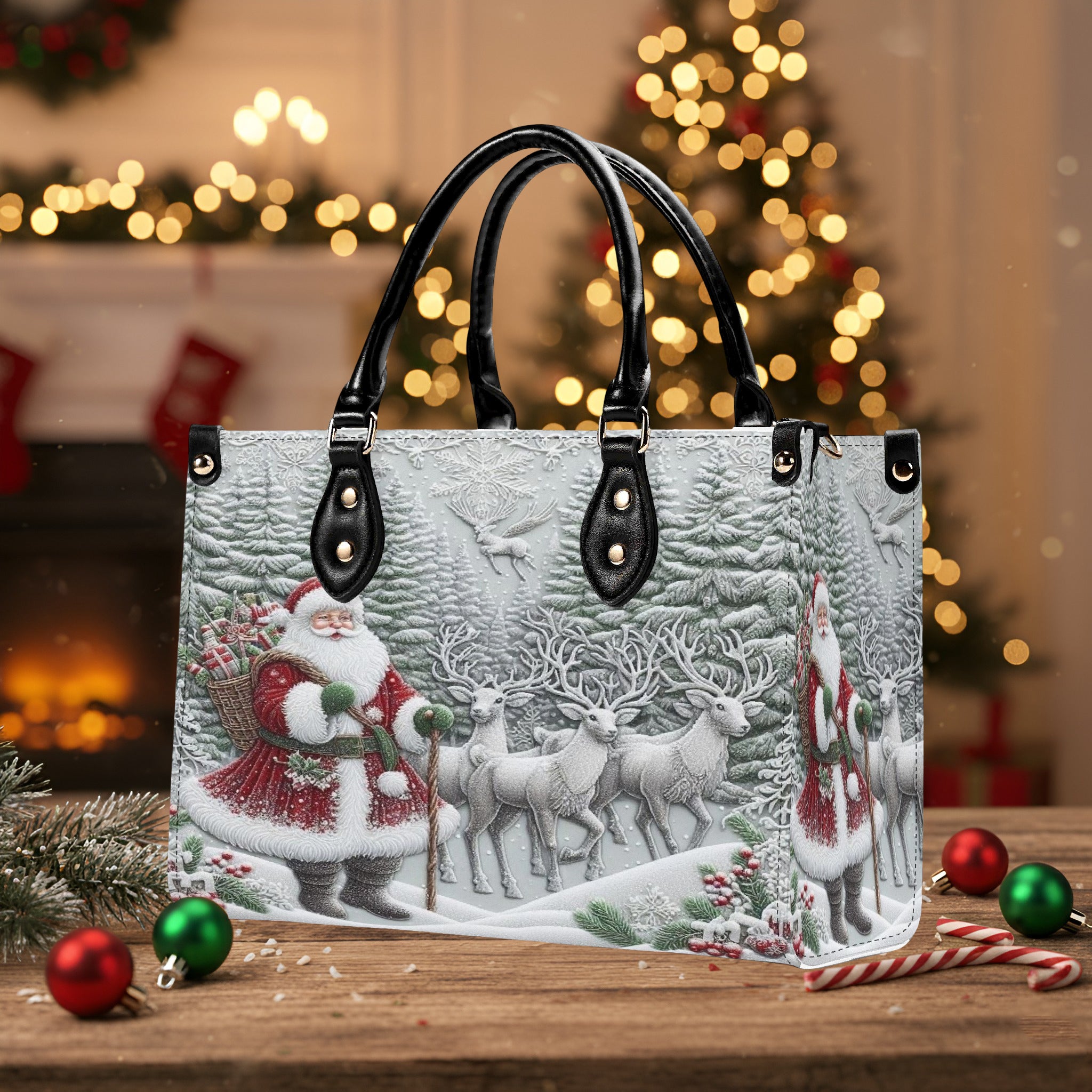 Santa Sleigh Christmas Handbag, Winter Forest Reindeer Purse, Elegant Holiday Tote Bag, Christmas Gift for Women