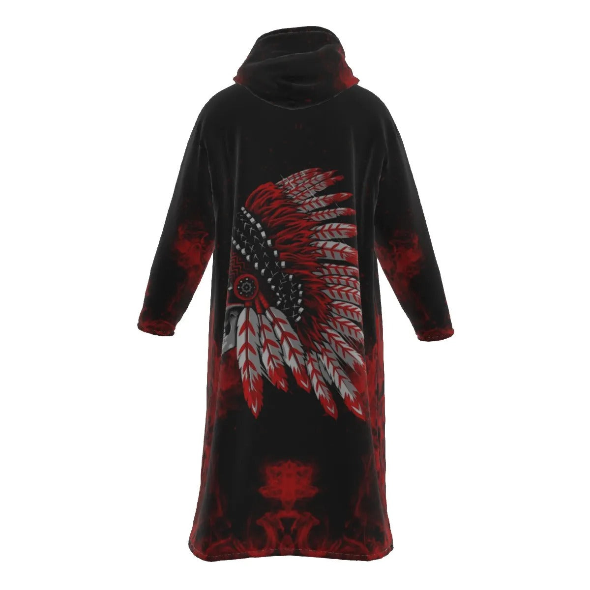 Native American Skull Zip-Up Cloak, Red Feather Headdress Hooded Cape, Tribal Gothic Outerwear, Red Smoke Graphic Cloak, Warrior Biker Style