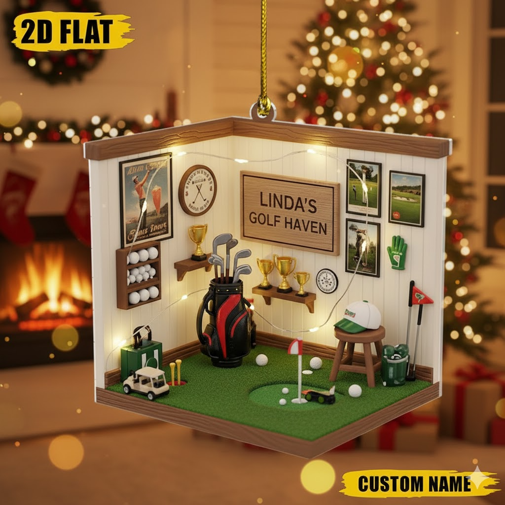 Personalized Golf Room Ornament, Custom Name Golfer Christmas Decoration, Flat 2D Golf Haven Gift for Golf Lovers