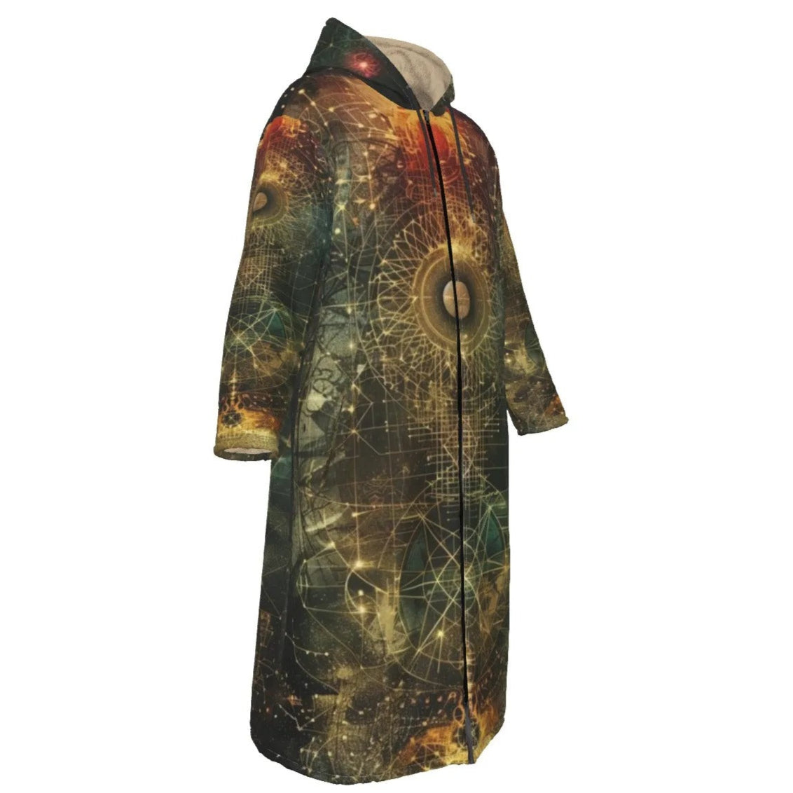 Celestial Alchemy Zip-Up Cloak, Mystical Hooded Robe with Sacred Geometry, Cosmic Grid & Astral Light Print