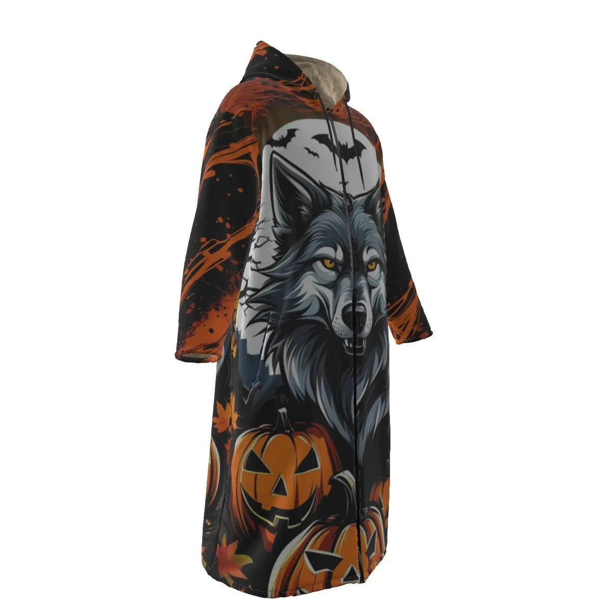 Howling Halloween Costumes Night Wolf Zip-Up Cloak, Spooky Pumpkin Bat Trench Coat, Gothic Halloween Fashion, Autumn Wolf Outerwear
