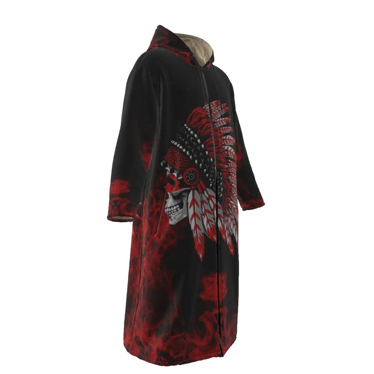 Native American Skull Zip-Up Cloak, Red Feather Headdress Hooded Cape, Tribal Gothic Outerwear, Red Smoke Graphic Cloak, Warrior Biker Style