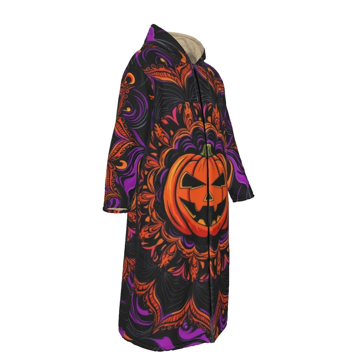 Pumpkin Mandala Magic Zip-Up Cloak, Halloween Jack-o’-Lantern Trench Coat, Spooky Mandala Art Costume, Halloween Costume Ideas