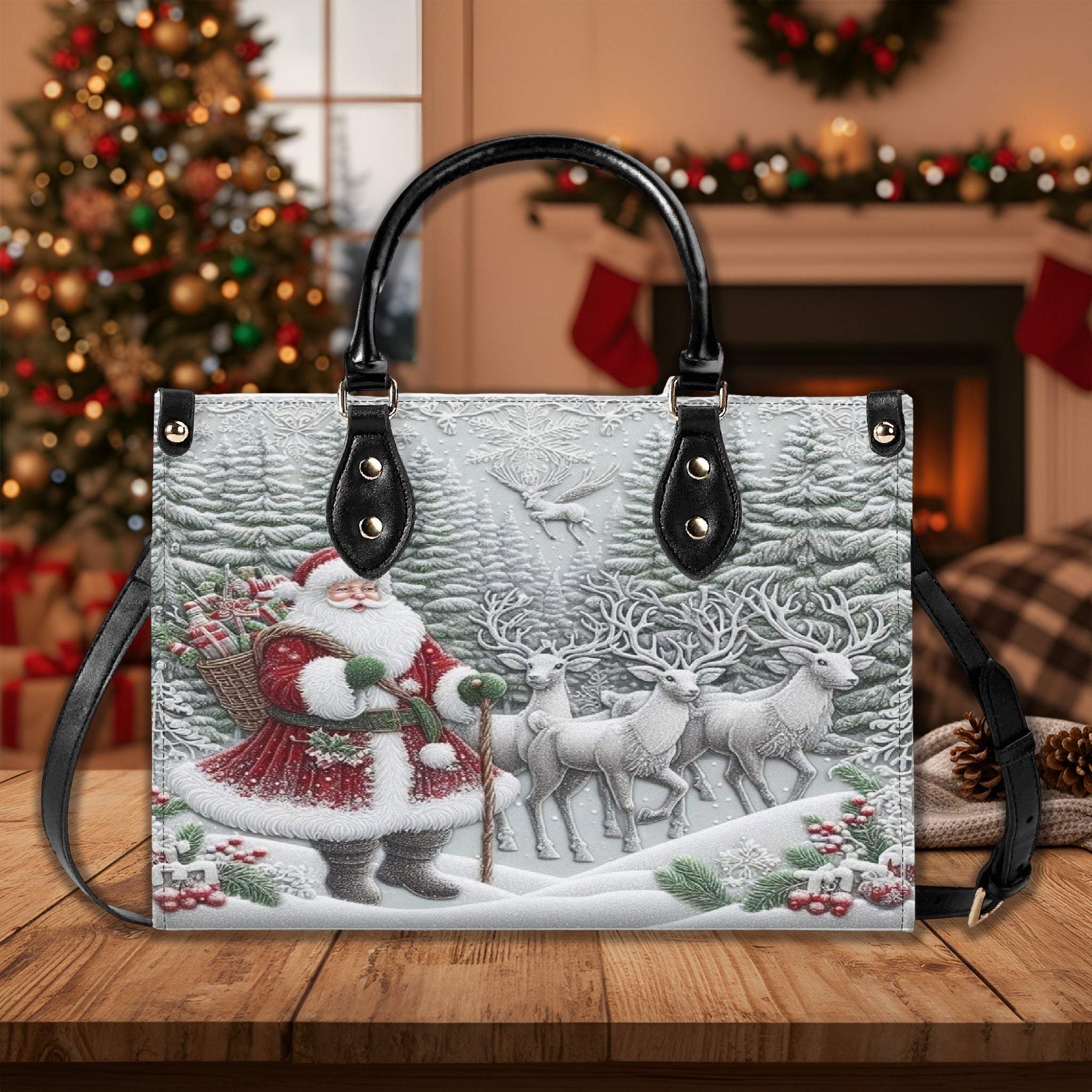 Santa Sleigh Christmas Handbag, Winter Forest Reindeer Purse, Elegant Holiday Tote Bag, Christmas Gift for Women