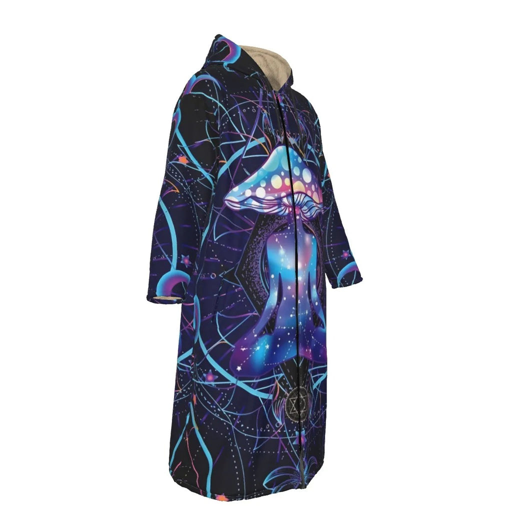 Mystic Mushroom Awakening Zip-Up Cloak, Psychedelic Spiritual Hooded Cape, Cosmic Mushroom Zipper Cloak, Visionary Art Festival Wear, Boho Mystic Style