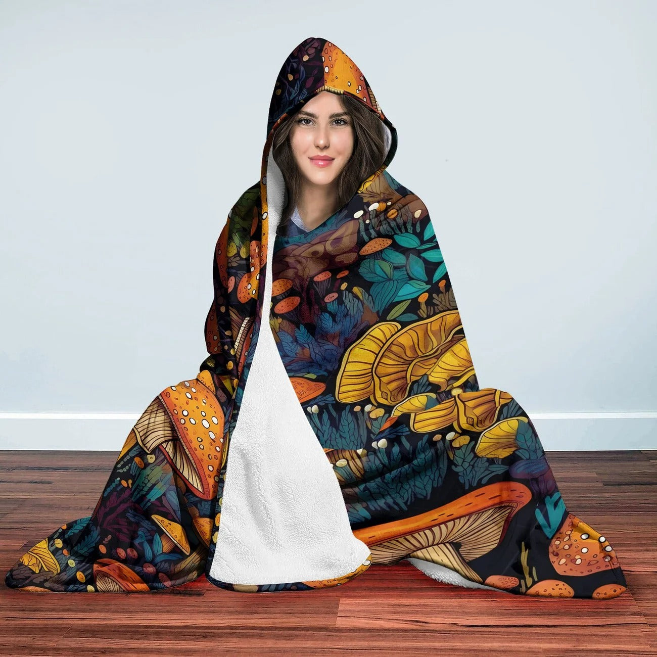 Mushroom Hooded Blanket, Enchanted Forest Fungi Pattern, Cozy Warm Throw Blanket, Perfect Gift for Nature and Outdoor Lovers. BLKAC56