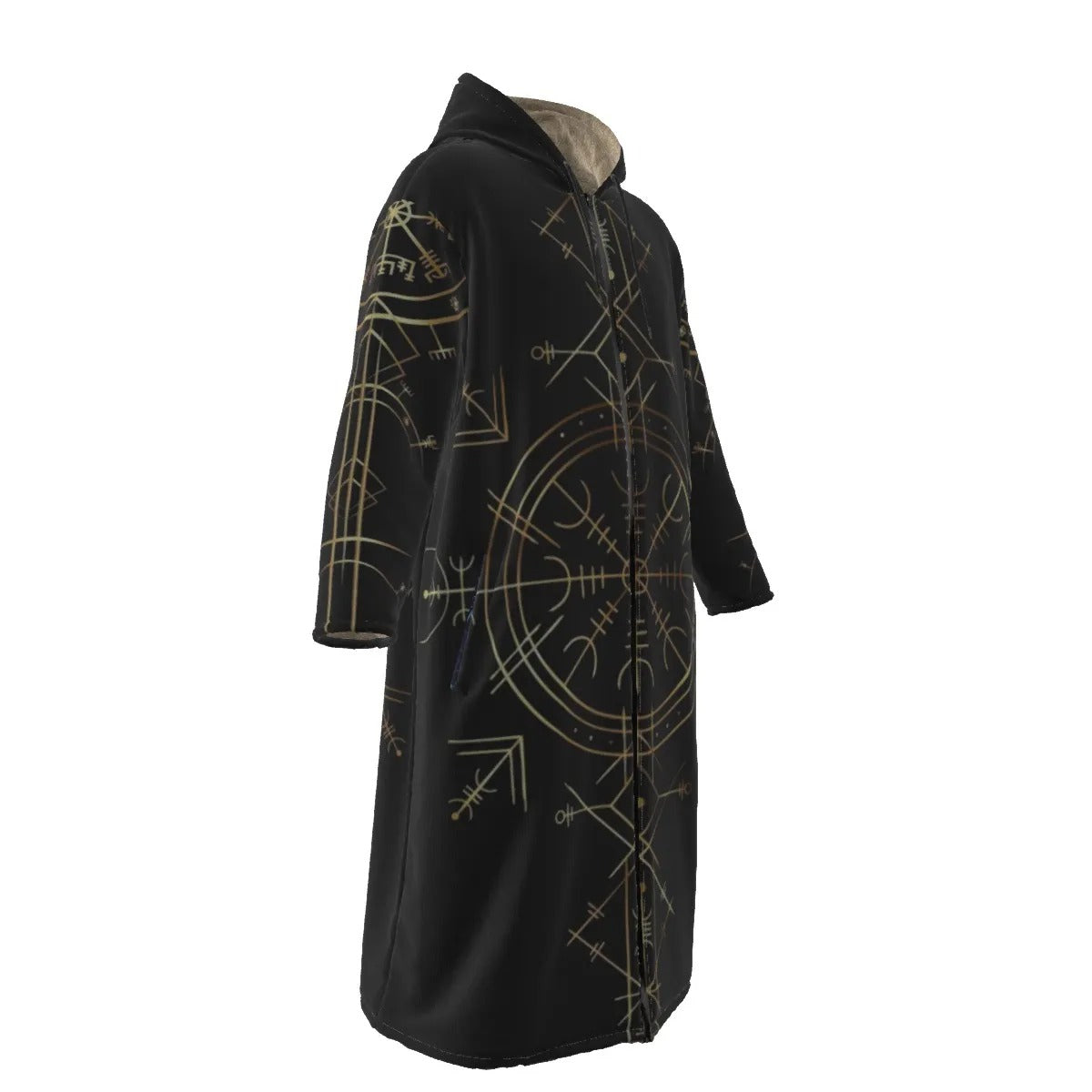 Viking Vegvisir Mysticism Zip-Up Cloak, Norse Rune Viking Hooded Cape, Nordic Compass Spiritual Outerwear, Sacred Geometry Viking Fashion