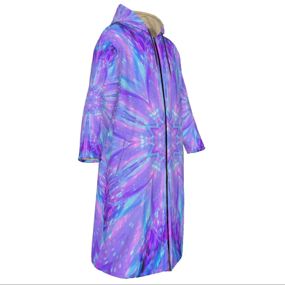 Kaleio Galaxy Zip-Up Cloak, Trippy Psychedelic Hooded Cape, Holographic Mandala Space Jacket, Cosmic Festival Rave Outerwear