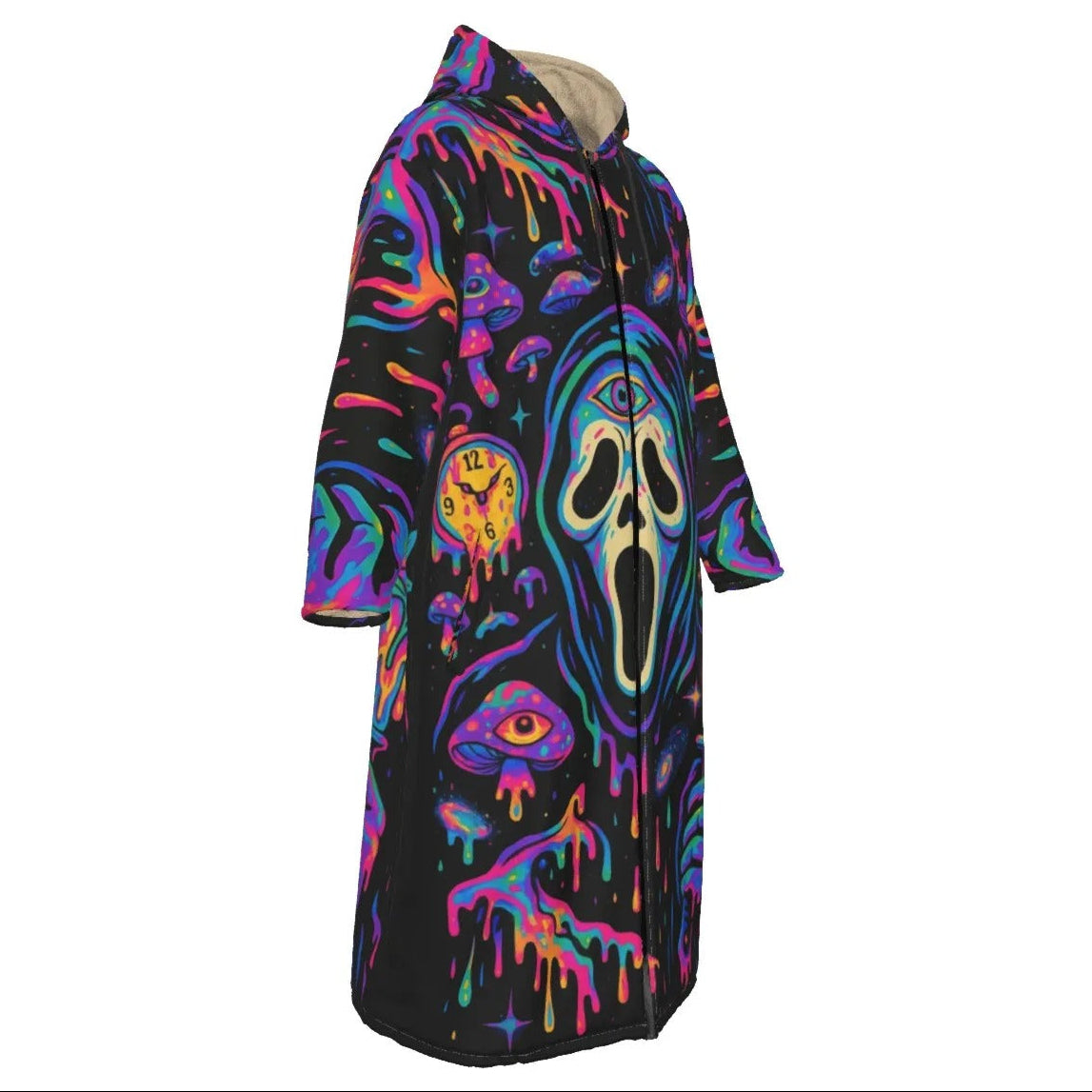 Psychedelic Halloween Mushrooms Zip-Up Cloak, Neon Trippy Mushroom Hooded Cape, Spooky Halloween Costume, Horror Outerwear