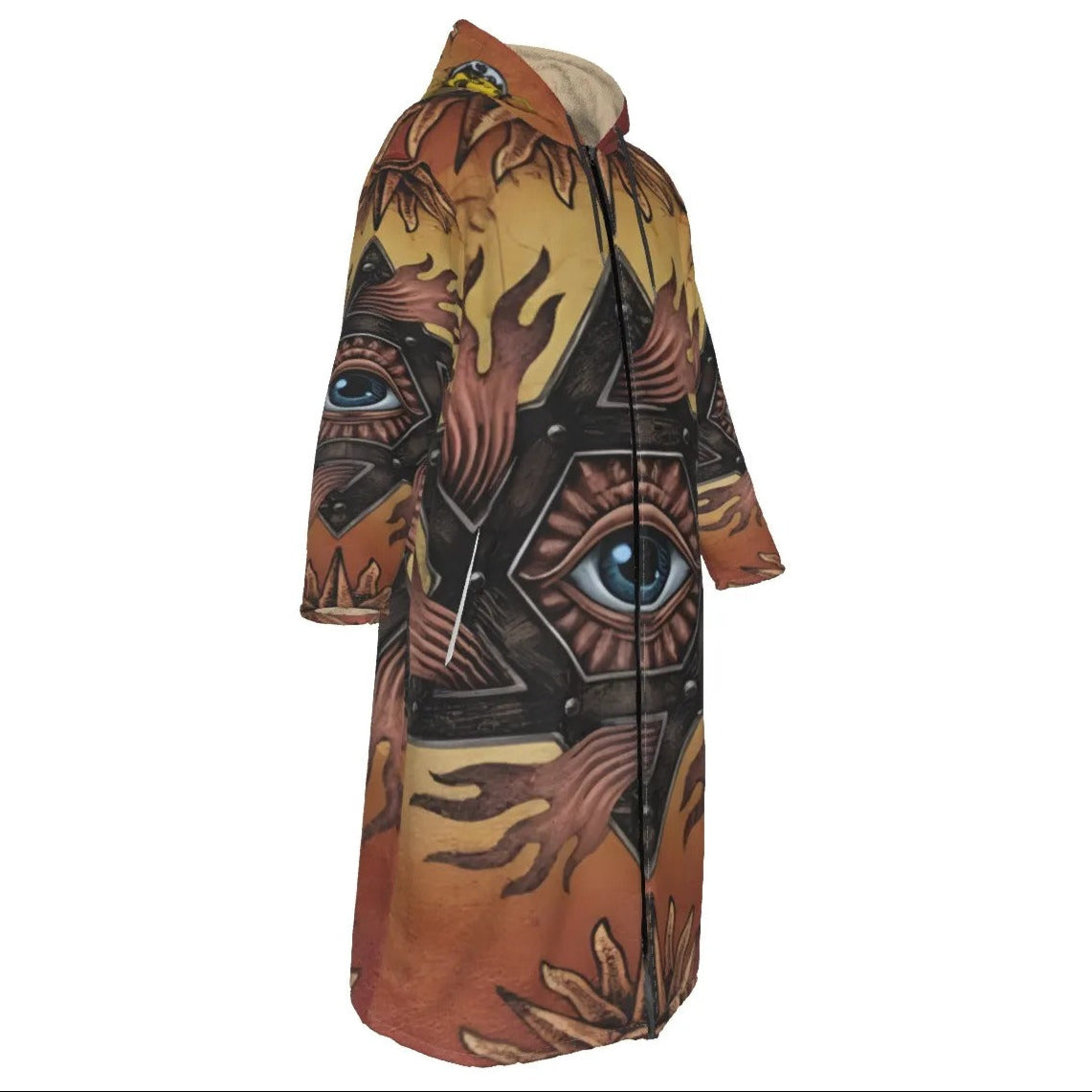 Mystic Eye Mandala Zip-Up Cloak, Sacred Geometry Hooded Robe with Zipper, Visionary Art Festival Cape, Esoteric Spiritual Streetwear