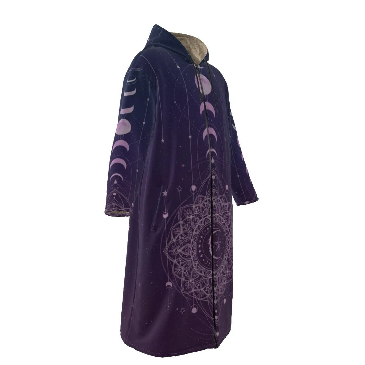 Mystic Lunar Mandala Zip-Up Cloak, Moon Phase Spiritual Hooded Cape, Celestial Lotus Zipper Cloak, Sacred Geometry Cosmic Outerwear, Boho Mystic Style