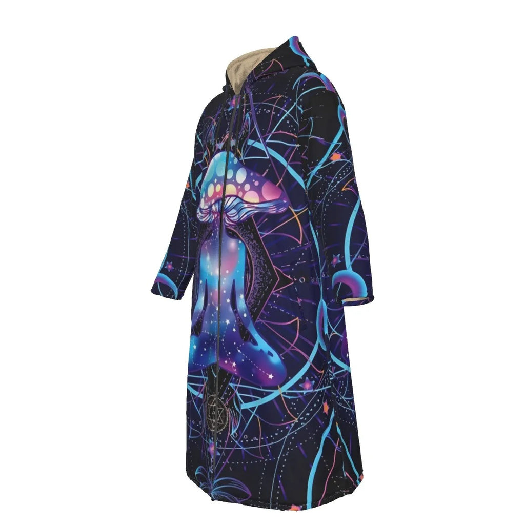 Mystic Mushroom Awakening Zip-Up Cloak, Psychedelic Spiritual Hooded Cape, Cosmic Mushroom Zipper Cloak, Visionary Art Festival Wear, Boho Mystic Style