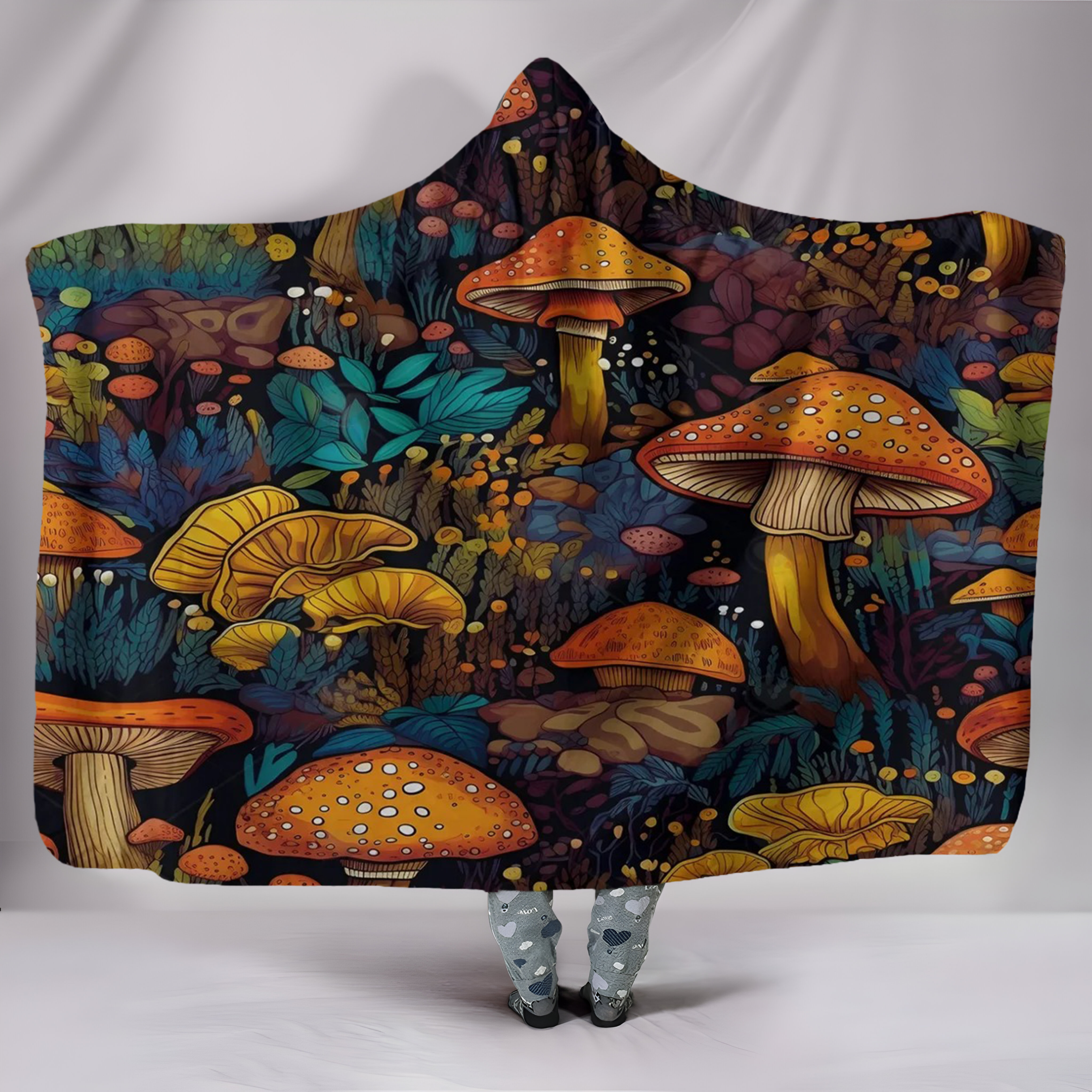 Mushroom Hooded Blanket, Enchanted Forest Fungi Pattern, Cozy Warm Throw Blanket, Perfect Gift for Nature and Outdoor Lovers. BLKAC56