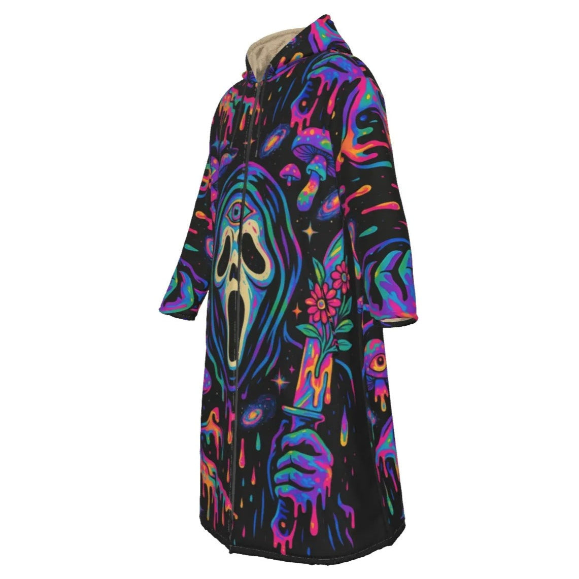Psychedelic Halloween Mushrooms Zip-Up Cloak, Neon Trippy Mushroom Hooded Cape, Spooky Halloween Costume, Horror Outerwear