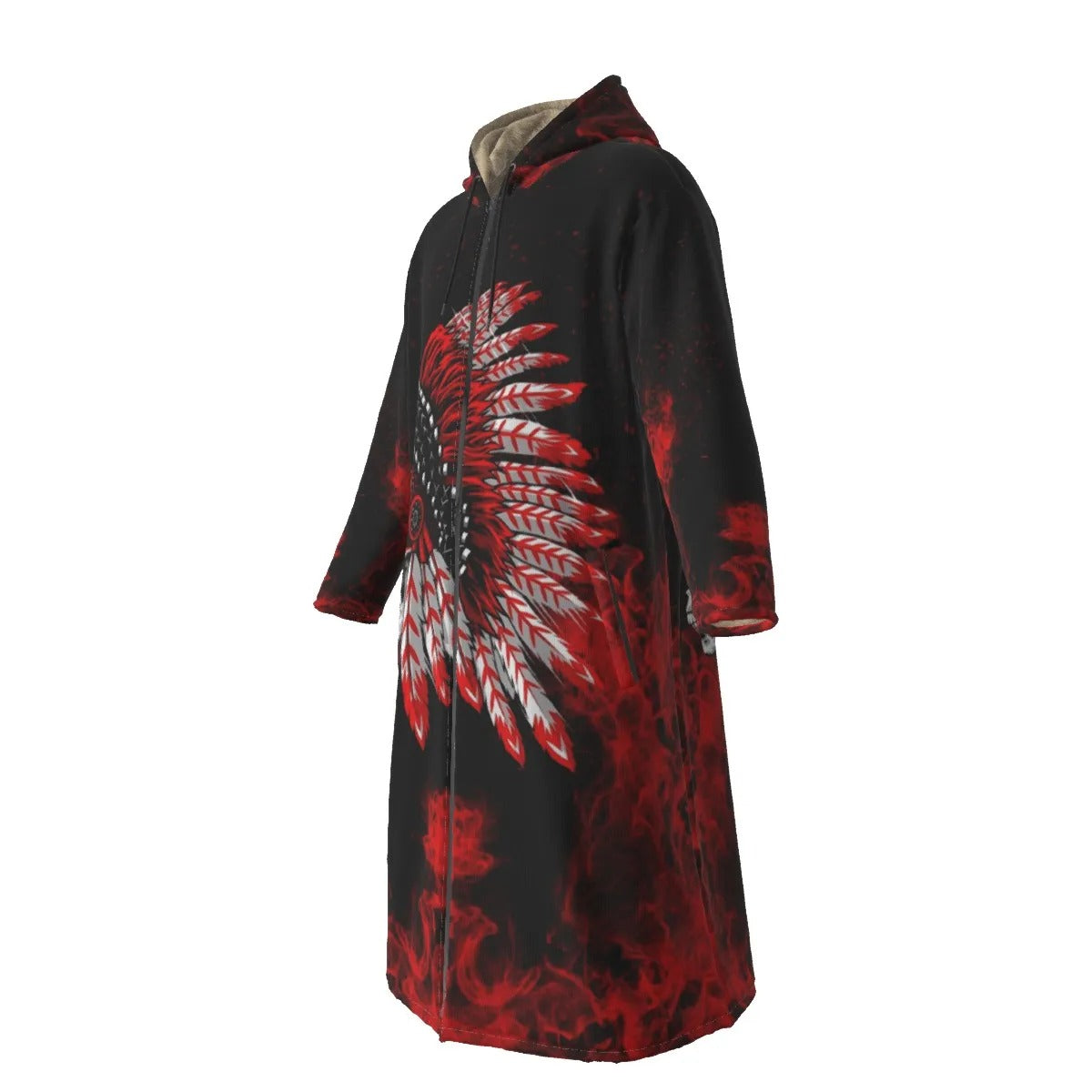 Native American Skull Zip-Up Cloak, Red Feather Headdress Hooded Cape, Tribal Gothic Outerwear, Red Smoke Graphic Cloak, Warrior Biker Style
