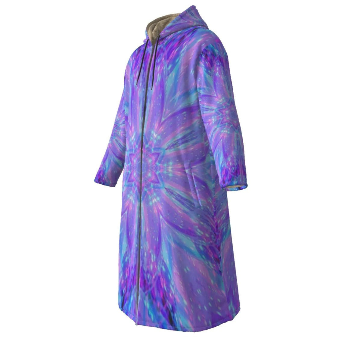 Kaleio Galaxy Zip-Up Cloak, Trippy Psychedelic Hooded Cape, Holographic Mandala Space Jacket, Cosmic Festival Rave Outerwear
