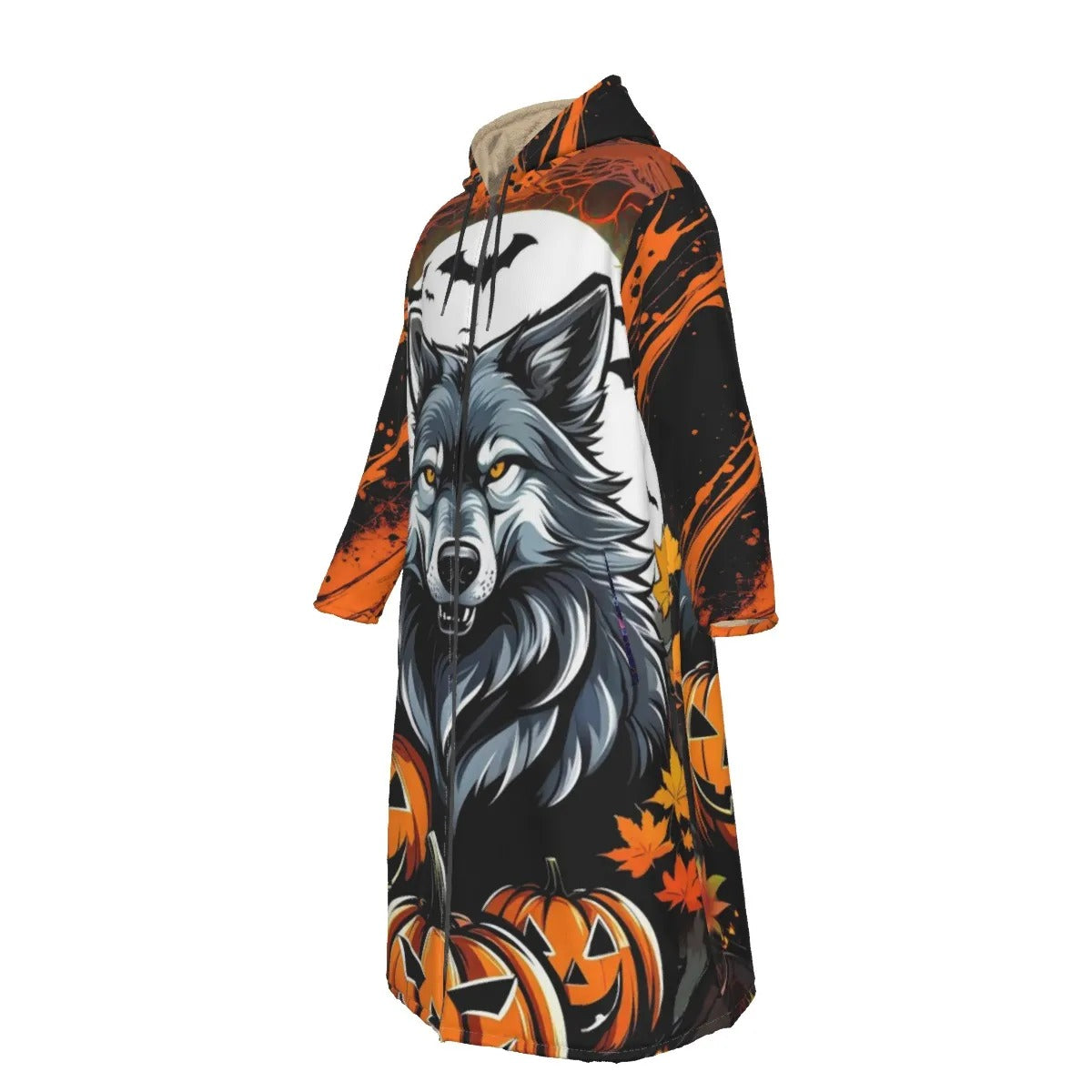 Howling Halloween Costumes Night Wolf Zip-Up Cloak, Spooky Pumpkin Bat Trench Coat, Gothic Halloween Fashion, Autumn Wolf Outerwear