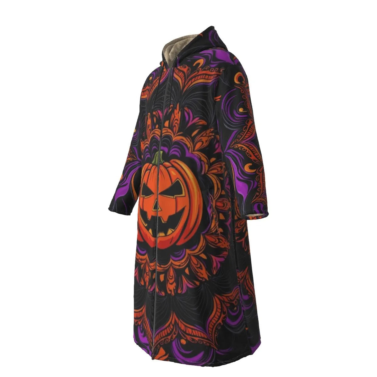 Pumpkin Mandala Magic Zip-Up Cloak, Halloween Jack-o’-Lantern Trench Coat, Spooky Mandala Art Costume, Halloween Costume Ideas