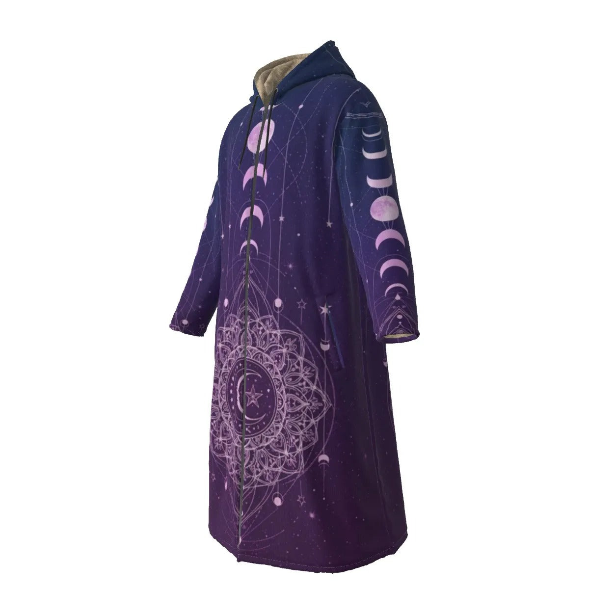 Mystic Lunar Mandala Zip-Up Cloak, Moon Phase Spiritual Hooded Cape, Celestial Lotus Zipper Cloak, Sacred Geometry Cosmic Outerwear, Boho Mystic Style