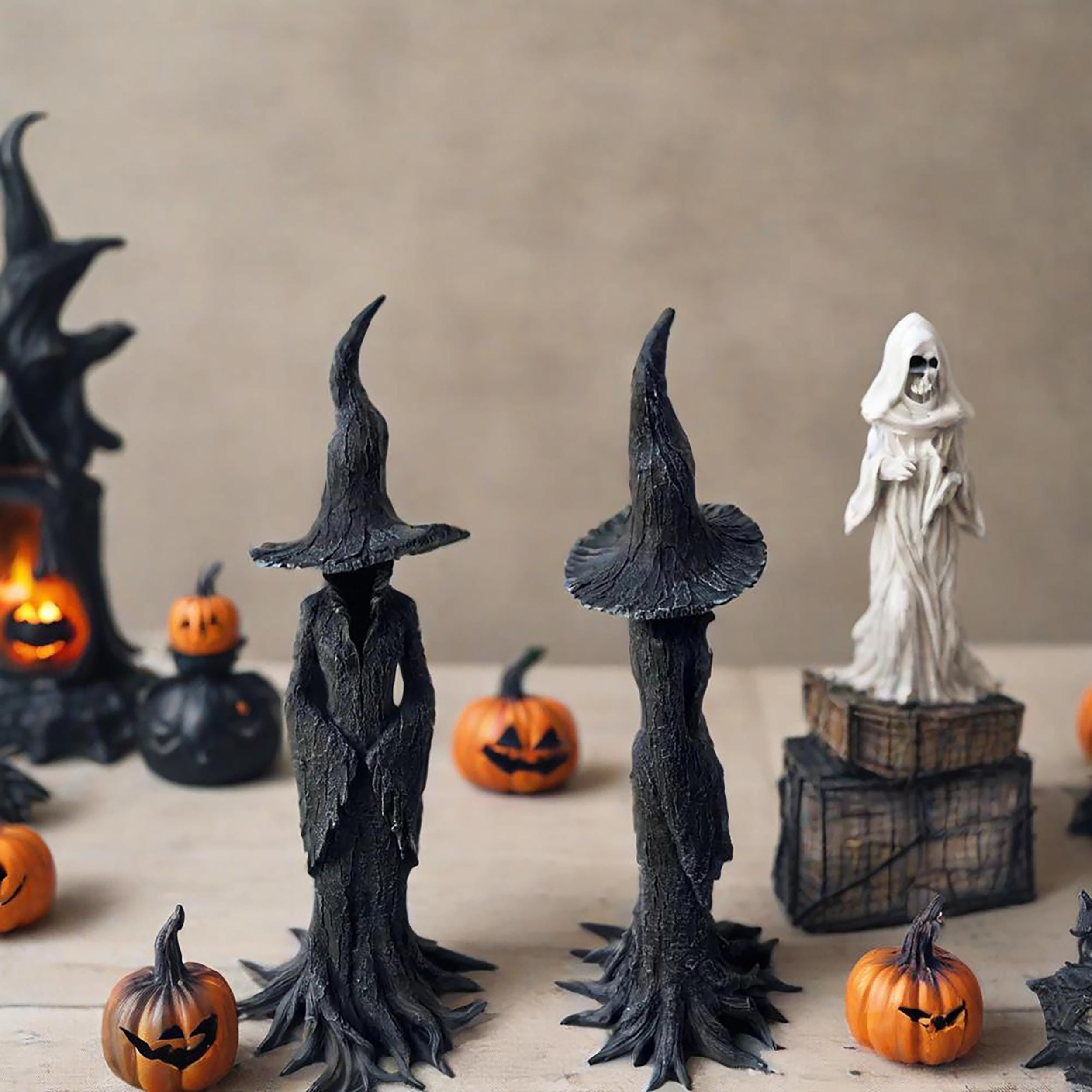 Halloween Tree Root Witch Statue, Spooky Black Witch Figurine, Resin Halloween Decoration, Creepy Witch Ornament for Home Office or Party Decor