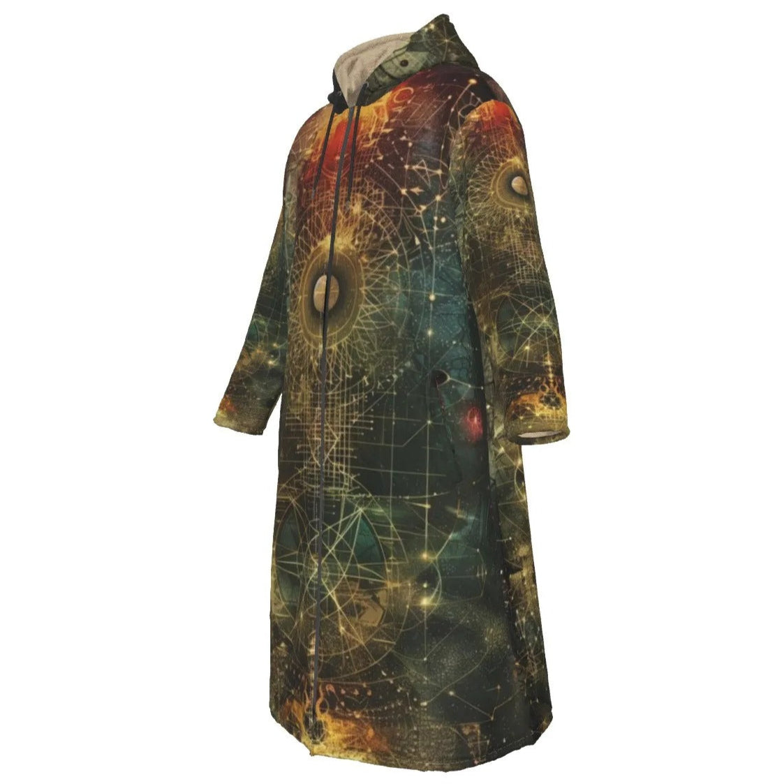 Celestial Alchemy Zip-Up Cloak, Mystical Hooded Robe with Sacred Geometry, Cosmic Grid & Astral Light Print