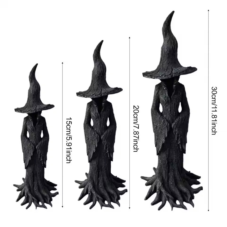 Halloween Tree Root Witch Statue, Spooky Black Witch Figurine, Resin Halloween Decoration, Creepy Witch Ornament for Home Office or Party Decor