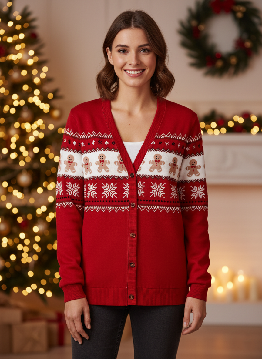 Ugly Christmas Cardigan Sweater, Red Gingerbread Holiday Knit Coat, Funny Xmas Party Outfit for Women