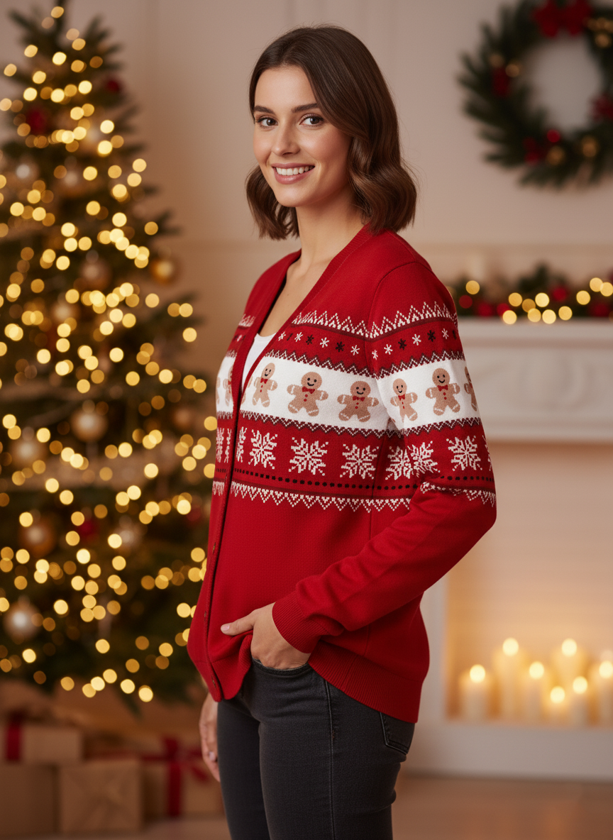 Ugly Christmas Cardigan Sweater, Red Gingerbread Holiday Knit Coat, Funny Xmas Party Outfit for Women
