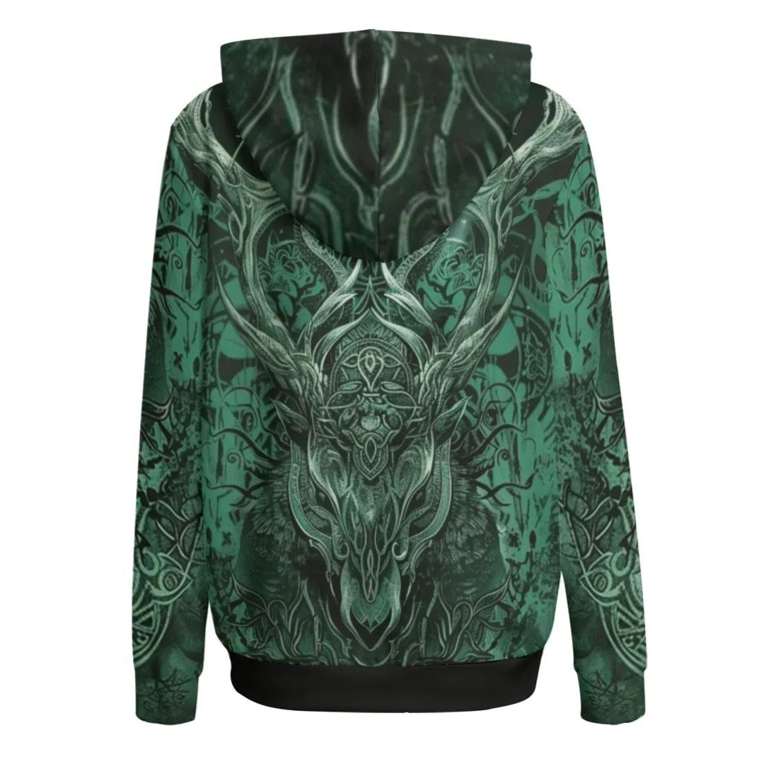 Viking Women Hoodie, Norse Mythology Hoodie, Green Celtic Art Sweatshirt, Deer Skull Design, Nordic Warrior Pullover, Pagan Festival Wear, Dark Fantasy Clothing, Mystic Fashion