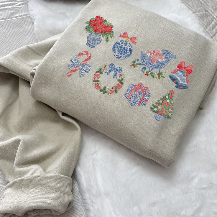 Christmas Icons Embroidered Sweatshirt, Holiday Gift Sweater, Cozy Winter Crewneck, Festive Outfit, Cute Xmas Sweater EBAC78