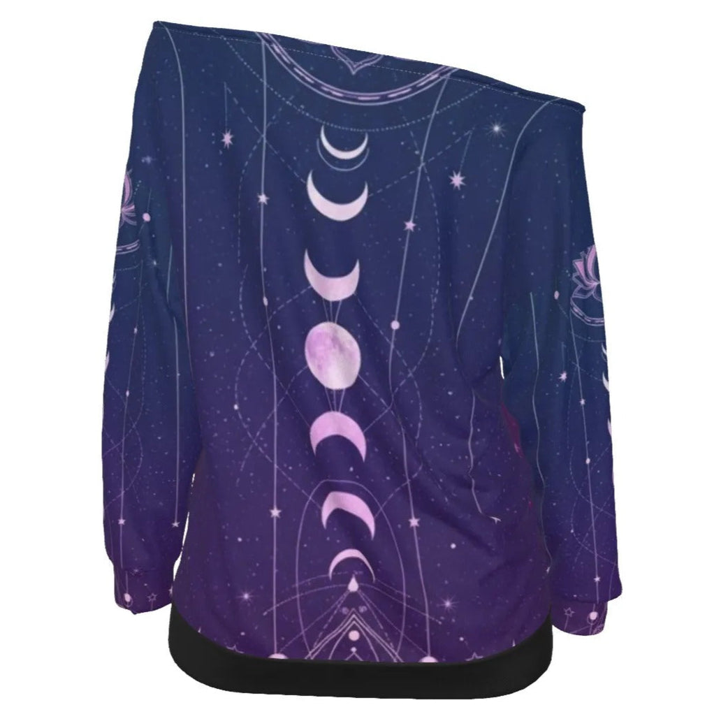 Mystic Lunar Mandala Off-Shoulder Top, Moon Phase Spiritual Blouse, Celestial Lotus Bardot Shirt, Sacred Geometry Cosmic Wear, Boho Mystic Style