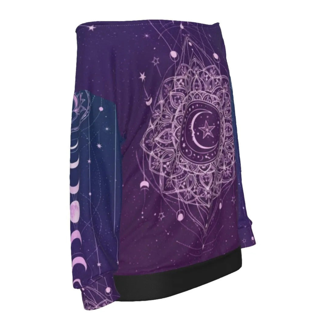 Mystic Lunar Mandala Off-Shoulder Top, Moon Phase Spiritual Blouse, Celestial Lotus Bardot Shirt, Sacred Geometry Cosmic Wear, Boho Mystic Style