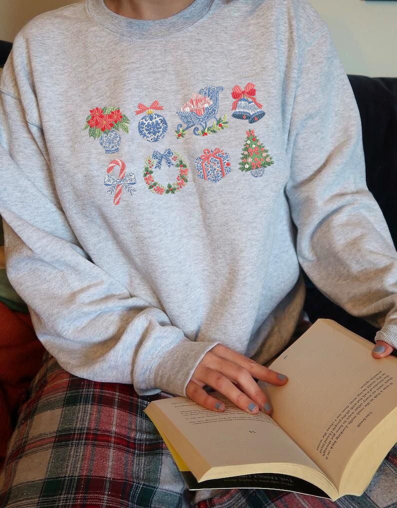Christmas Icons Embroidered Sweatshirt, Holiday Gift Sweater, Cozy Winter Crewneck, Festive Outfit, Cute Xmas Sweater EBAC78