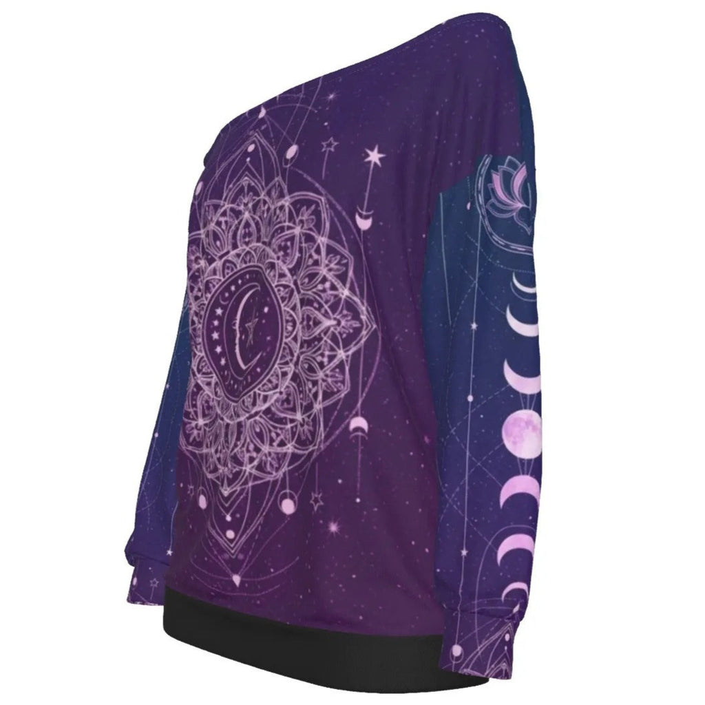 Mystic Lunar Mandala Off-Shoulder Top, Moon Phase Spiritual Blouse, Celestial Lotus Bardot Shirt, Sacred Geometry Cosmic Wear, Boho Mystic Style