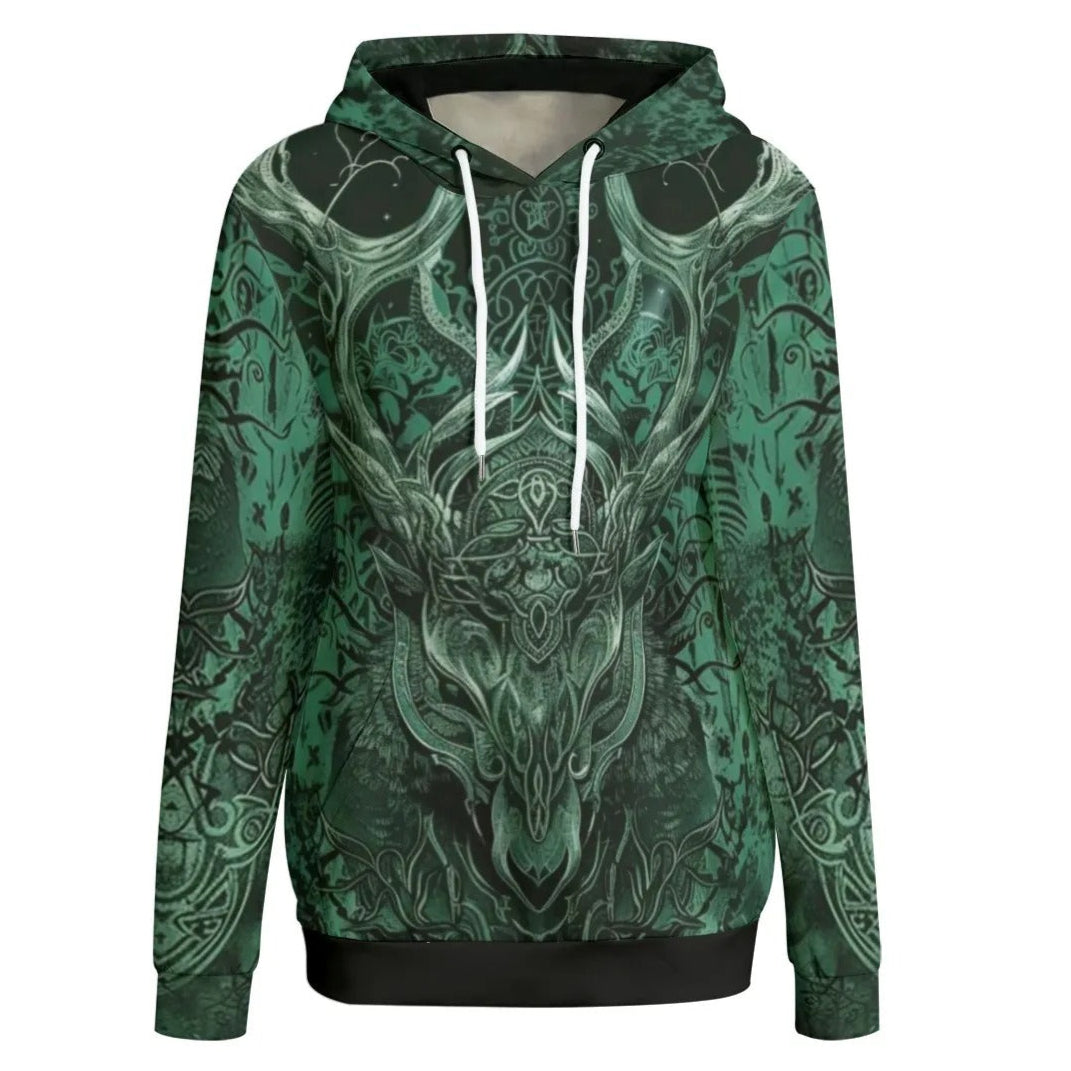 Viking Women Hoodie, Norse Mythology Hoodie, Green Celtic Art Sweatshirt, Deer Skull Design, Nordic Warrior Pullover, Pagan Festival Wear, Dark Fantasy Clothing, Mystic Fashion