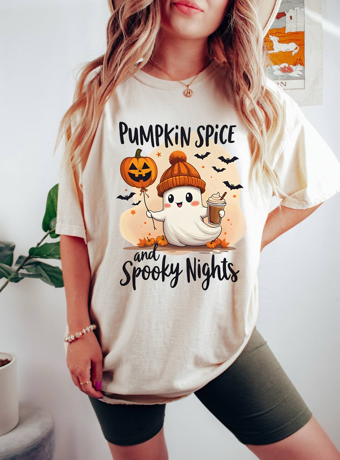 Pumpkin Spice Ghost Shirt, Cute Fall Halloween Tee, Spooky Season T-Shirt, Ghost Holding Coffee & Jack-o'-Lantern, Autumn Graphic Tee