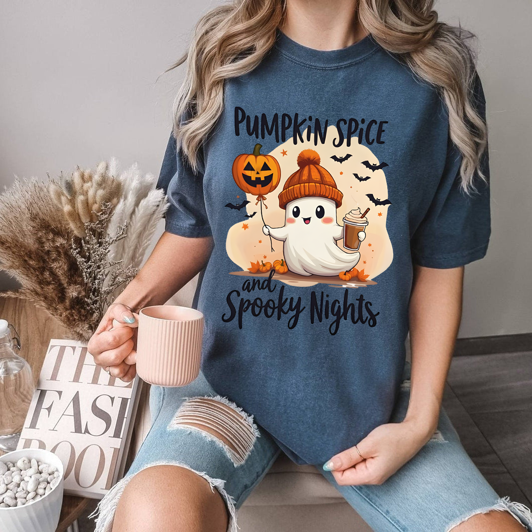 Pumpkin Spice Ghost Shirt, Cute Fall Halloween Tee, Spooky Season T-Shirt, Ghost Holding Coffee & Jack-o'-Lantern, Autumn Graphic Tee