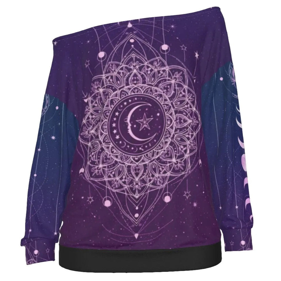 Mystic Lunar Mandala Off-Shoulder Top, Moon Phase Spiritual Blouse, Celestial Lotus Bardot Shirt, Sacred Geometry Cosmic Wear, Boho Mystic Style