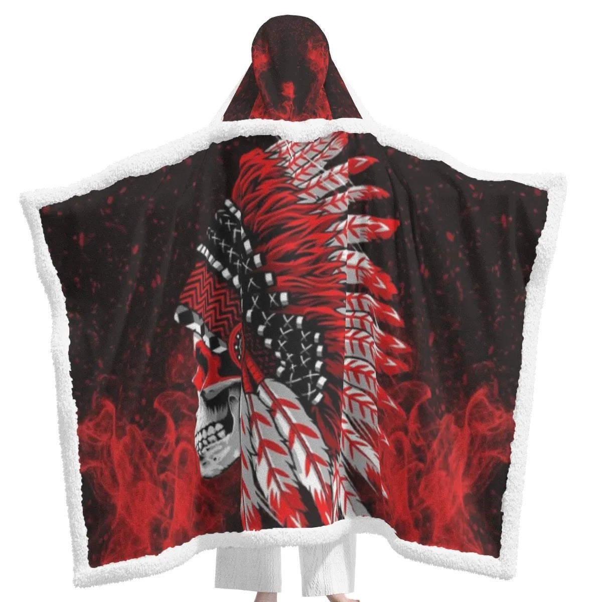 Native American Skull Wearable Hooded Blanket, Red Feather Headdress Hooded Wrap, Tribal Gothic Cozy Wear, Red Smoke Graphic Cape, Warrior Biker Style