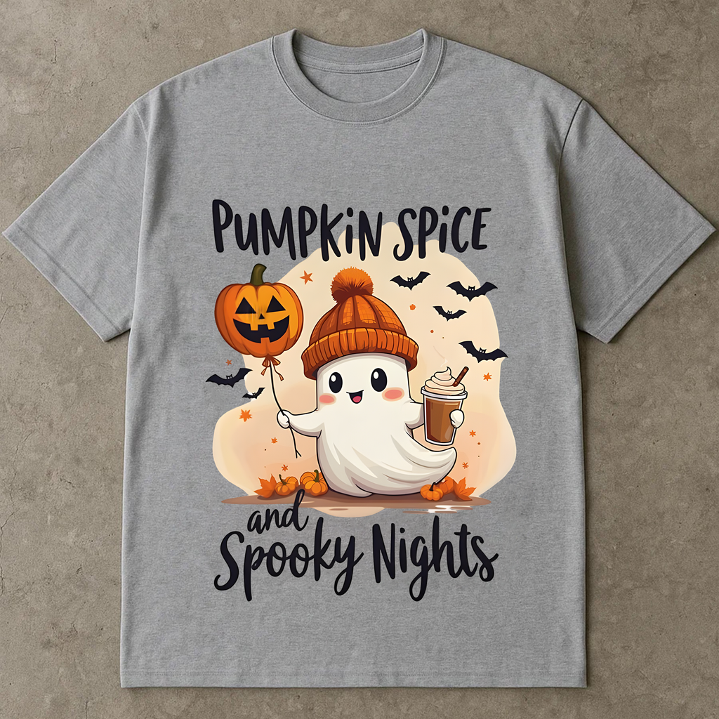 Pumpkin Spice Ghost Shirt, Cute Fall Halloween Tee, Spooky Season T-Shirt, Ghost Holding Coffee & Jack-o'-Lantern, Autumn Graphic Tee