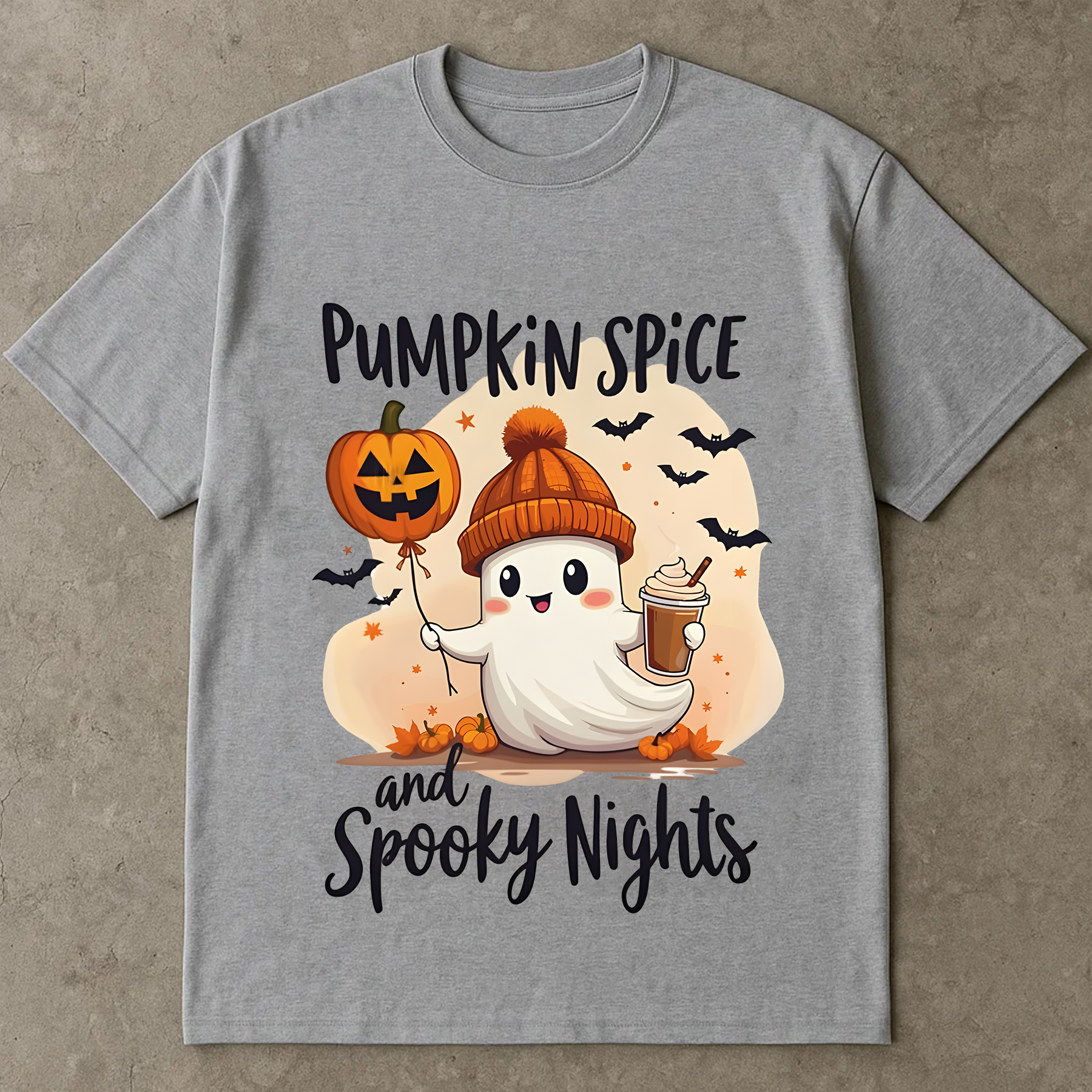 Pumpkin Spice Ghost Shirt, Cute Fall Halloween Tee, Spooky Season T-Shirt, Ghost Holding Coffee & Jack-o'-Lantern, Autumn Graphic Tee