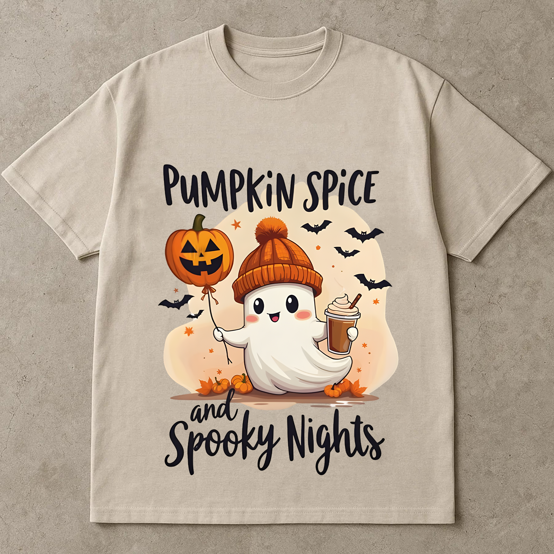 Pumpkin Spice Ghost Shirt, Cute Fall Halloween Tee, Spooky Season T-Shirt, Ghost Holding Coffee & Jack-o'-Lantern, Autumn Graphic Tee