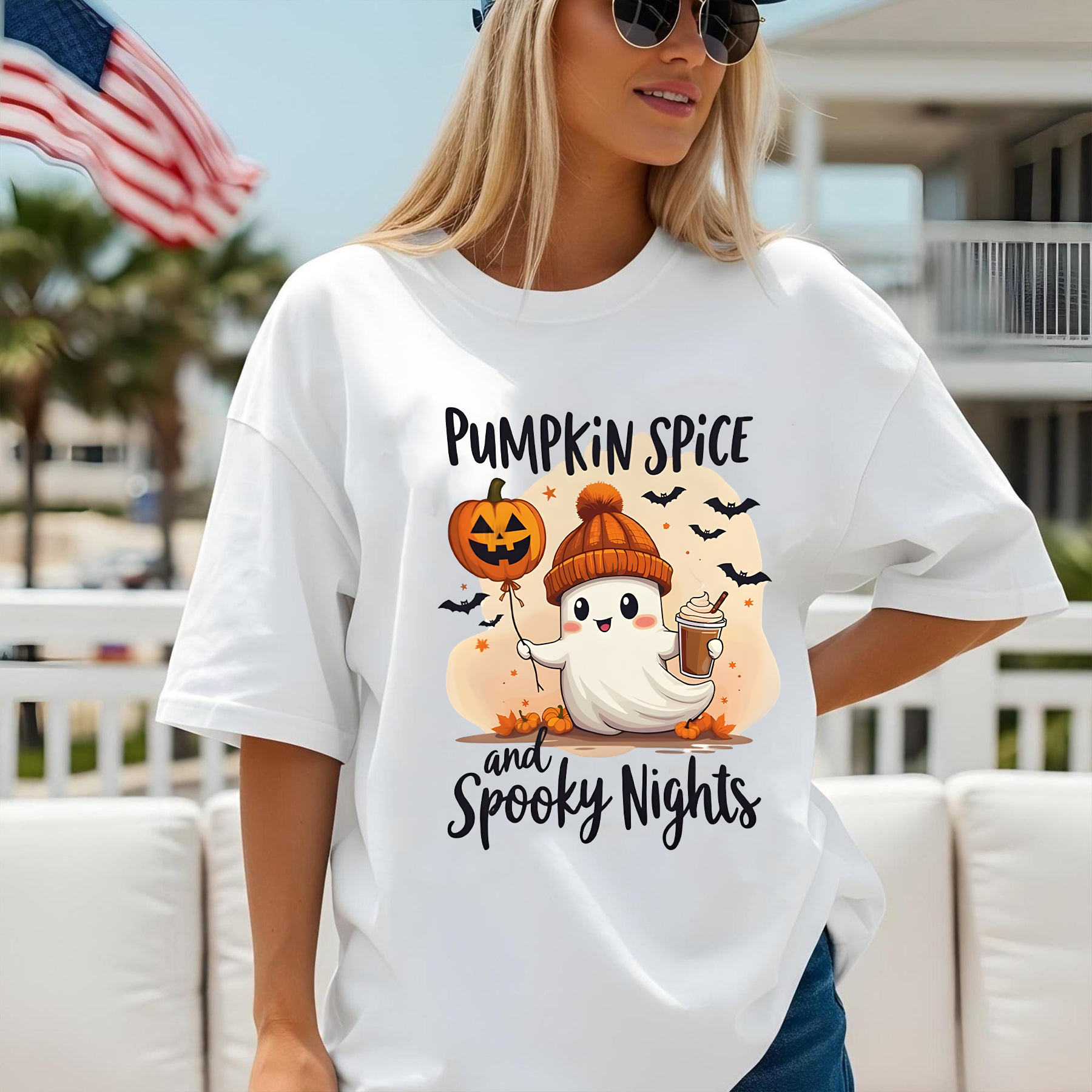 Pumpkin Spice Ghost Shirt, Cute Fall Halloween Tee, Spooky Season T-Shirt, Ghost Holding Coffee & Jack-o'-Lantern, Autumn Graphic Tee