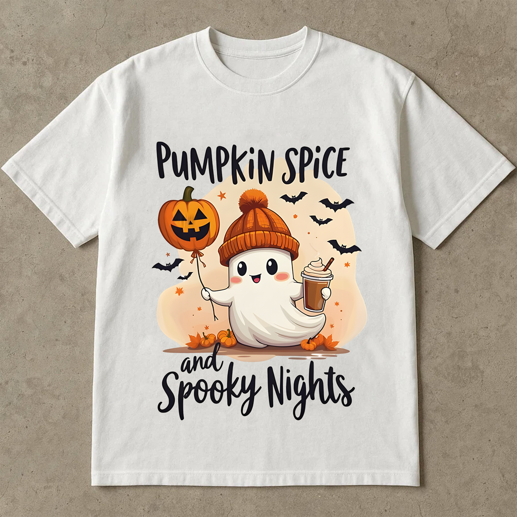 Pumpkin Spice Ghost Shirt, Cute Fall Halloween Tee, Spooky Season T-Shirt, Ghost Holding Coffee & Jack-o'-Lantern, Autumn Graphic Tee
