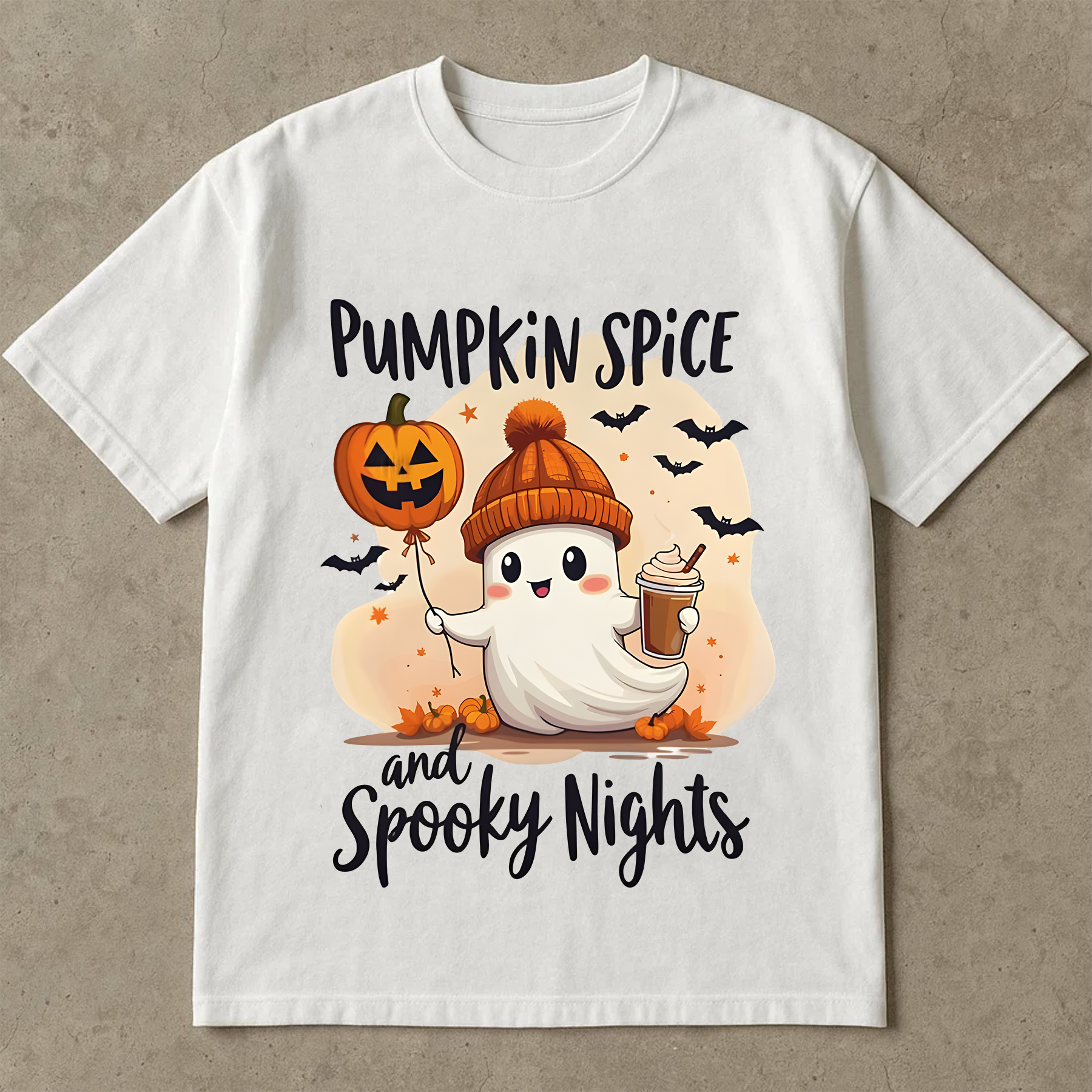 Pumpkin Spice Ghost Shirt, Cute Fall Halloween Tee, Spooky Season T-Shirt, Ghost Holding Coffee & Jack-o'-Lantern, Autumn Graphic Tee