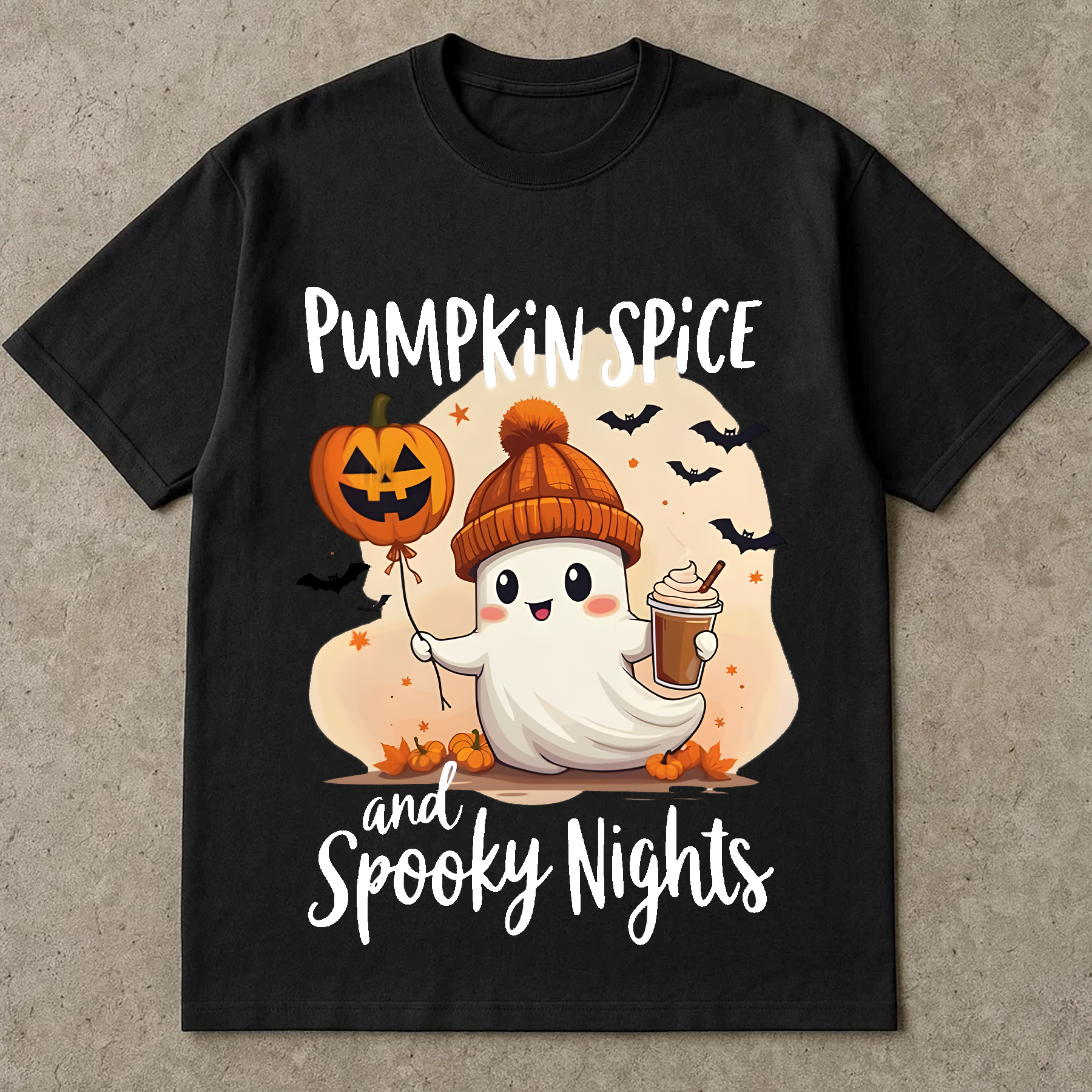 Pumpkin Spice Ghost Shirt, Cute Fall Halloween Tee, Spooky Season T-Shirt, Ghost Holding Coffee & Jack-o'-Lantern, Autumn Graphic Tee