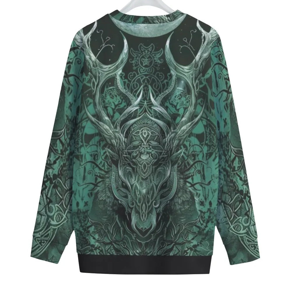 Viking Women Sweater, Norse Mythology Pullover, Green Celtic Art Sweatshirt, Deer Skull Design, Nordic Warrior Top, Pagan Festival Wear, Dark Fantasy Clothing, Mystic Fashion