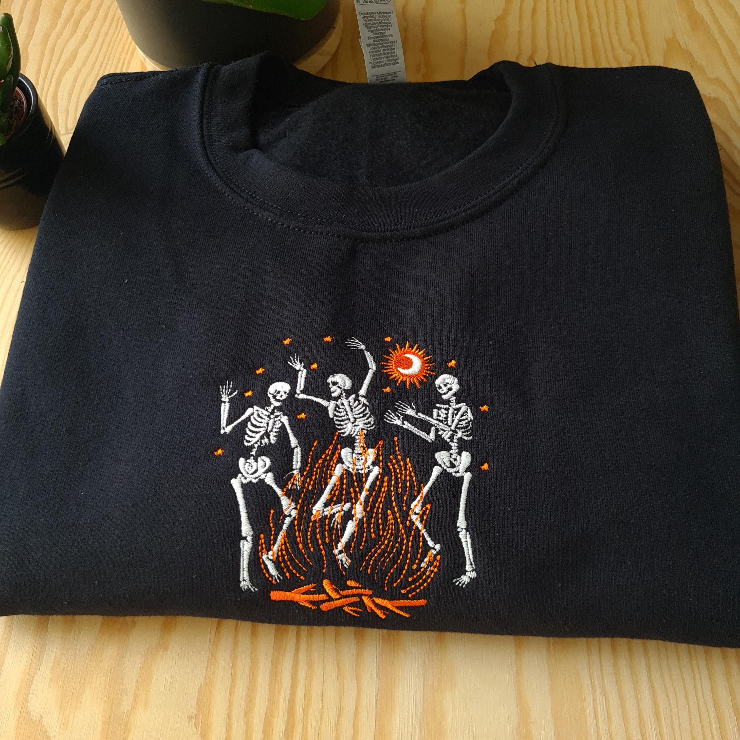 Embroidered Halloween Sweatshirt, Embroidered Dancing Skeleton Halloween Jumper, Vintage Halloween Hoodie, Embroidered Glow Skeleton Jumper, Halloween Gifts EBAC25