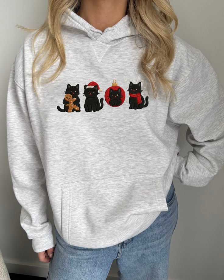 Christmas Black Cats Embroidered Sweatshirt, Cute Holiday Cat Lover Sweater, Festive Kitty Crewneck, Funny Xmas Gift, Cozy Winter Pet Shirt EBAC79